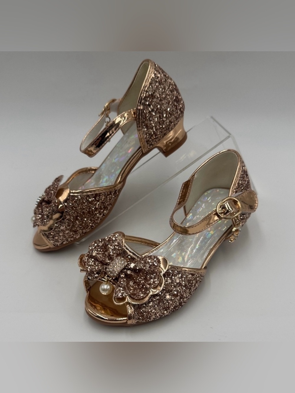 Girls Rose Gold Glitter Bow Dress Sandals with Pearl Accent Size 13